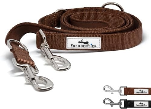FREUDENTIER Hundeleine 2m – Verstellbare Führleine - Weich gepolstert, liegt angenehm in der Hand - Robuste Leine Hund für mittelgroße & große Hunde - Model Clyde (Braun, 25mm)