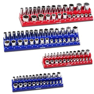 VEVOR Magnetic Socket Organizer Set, 4PCS Magnetic Socket Holder, 1/4'' & 3/8'' Metric SAE Socket Trays with Clear Labels, Hold up to 108PCS Standard & Deep Sockets, Blue & Red (Sockets Not Included)