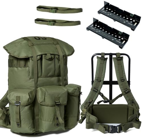 Military Alice Pack Große Größe mit 2 Stützablagen – Taktischer Rucksack mit erweiterbaren Trägern, Aluminium-Schnellverschluss-Schnallen und verbesserter Taillenunterstützung – US-Logo, Armeegrün
