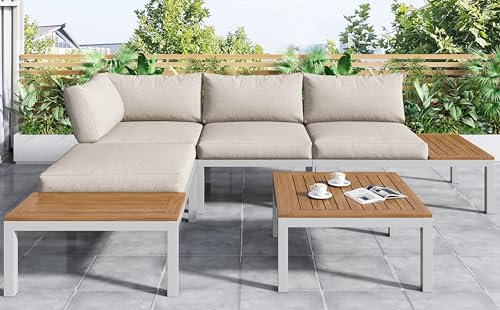 A ALFRESCOOL Gartenlounge Outdoor, Gartenlounge-Set, Gestell aus Verzinktem Stahl, (2X Zweisitzer, 2X Beistelltische, 1x Tisch), Akazienholzplatte, Stoffbezug zur Bespannung Der Rückenlehne, Beige