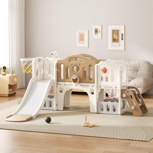 Rutsche mit Klettergerüst für Kinder: Indoor Spielplatz mit - Aufbewahrungsbox Tunnel Treppenleiter Basketballkorb und Durchgangsbereich Gartenrutsche (Elf Set-E-Brown)