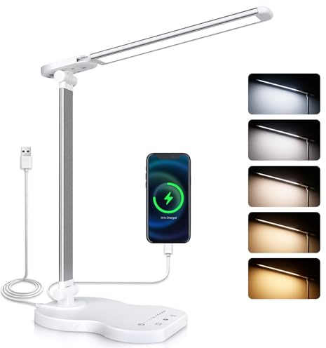 Caldarax Schreibtischlampe LED Dimmbar, Augenschutz Desk Lamp, 5 Farben und 10 Helligkeitsstufen, mit Timer und Touch Steuerung, Tischlampe USB-Anschluss für Lektüre, Büro, Nachttisch, Studie(Weiß)