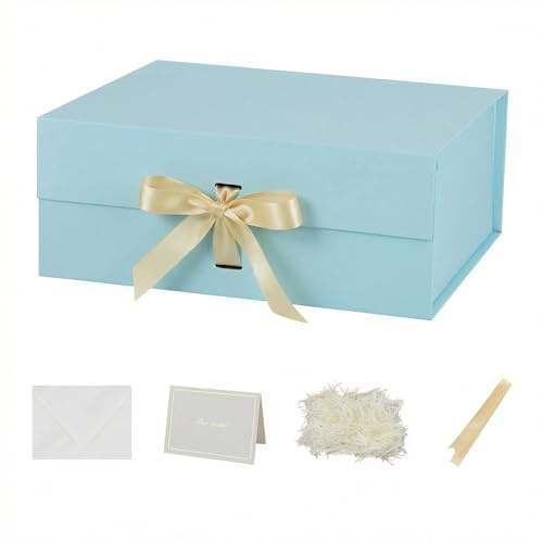Large Gift Box with Lid 32x28x13.5 cm,Blue Gift Boxes Magnetic for presents Packaging for Birthdays, Shoe Box Bulk, Christmas (Include Shredded Paper Fill, Envelope Card Ribbon)