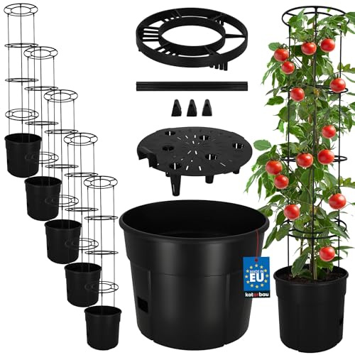 KOTARBAU Juego de 5 plantas de tomate – Macetero – 39 cm – con soporte para enredaderas – 153 cm – Maceta para tomate – para balcón – Soporte para plantas – Negro