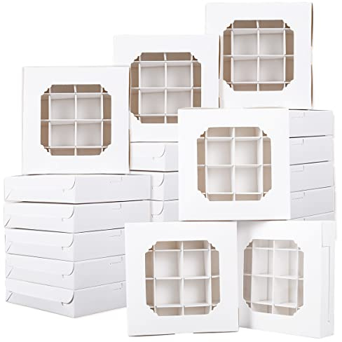 RHAIQBVC 20pcs Empty Sweet Boxes with Clear Window,16 Compartments Mix Chocolate Truffles Containers Cake Packaging Divider Birthday Wedding Gift Favour Boxes,14.5 x 14 5 x 3cm