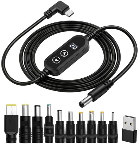 livager USB C PD to DC Adapter Power Adjustable Voltage Power Supply 5V 9V 12V 15V 20V Right Angle Type C to DC 5.5x2.1mm 60W Fast Charging Cord with 10 DC Conversion Head for Laptop Monitor Router