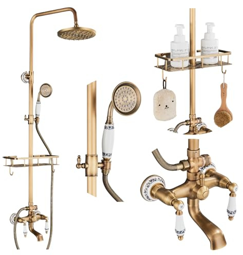 Duschsystem Retro mit Regendusche und Ablage, Duscharmatur Set zur Wandmontage aus Messing mit Handbrause, Brausestange und Keramikventil für Badezimmer (Messing/Keramik)