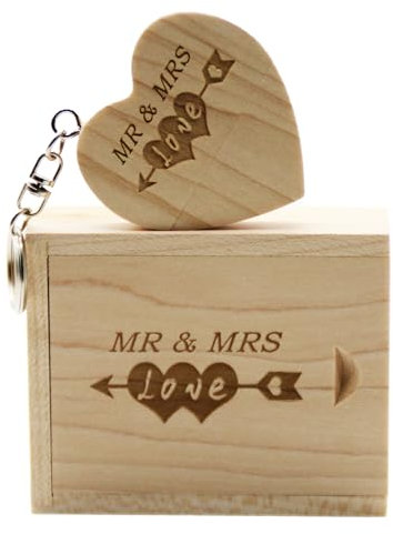 LXSINO 64 GB Holz USB-Stick Mit Lasergravur Mr & Mrs Design - Herzform USB-Flash-Laufwerk Mit Box für Hochzeit