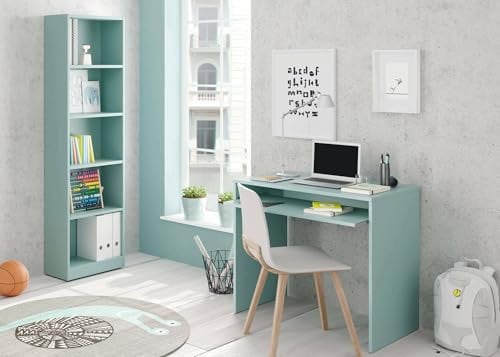 Dmora - Bibliothèque Pomona, Bibliothèque haute avec 5 étagères, Etagère de bureau ou de chambre, Etagère moderne avec compartiments, 52x25h180 cm, Vert Aqua