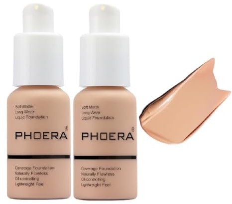 2 Pack PHOERA Foundation,Full Coverage Flawless Soft Matte 24HR Oil Control Liquid Foundation.103 Warm peach