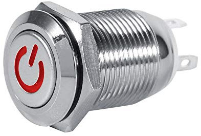 12mm 12V LED Power Druckschalter, Keenso wasserdichter Metall-Kurzzeitschalter, selbstrückstellender, vernickelter Messingschalter mit Leistungssymbol(rot)