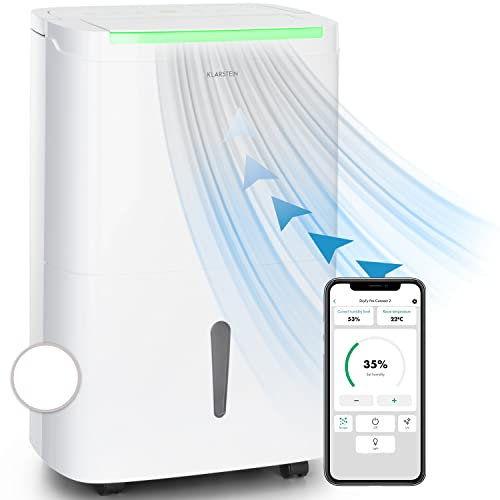 Klarstein DryFy Connect 40L Deshumidificador Inteligente, 40L/24h, Wi-Fi App Control, Depósito 7L, Desagüe Continuo, Temporizador 24h, Portátil para Hogar, Habitaciones 35-45m², Blanco