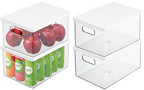 mDesign 4er-Set Kühlschrankbox – Kühlschrank Vorratsdose mit Griffen und abnehmbarem Deckel – lebensmittelechte Aufbewahrungsbox aus Kunststoff für Küche und Speisekammer – durchsichtig/weiß