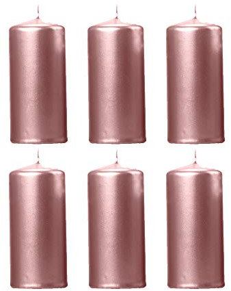 6 Stück Metallische Stumpenkerzen in Roségold 12x6cm Deko