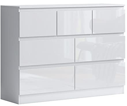 FWStyle Merchant 7 Drawer Chest of Drawers White Gloss – Contemporary Scandinavian Bedroom Storage Unit with Deep Spacious Drawers and Durable Melamine Scratch-Resistant Construction