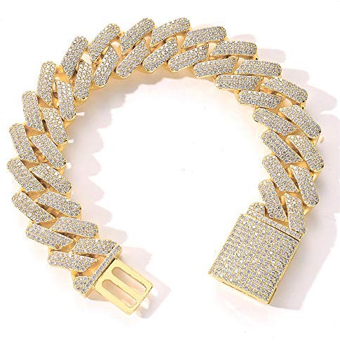 ICEDIAMOND 20MM Iced Out Luxury Shiny Lab Diamant Kubanisches Kettenarmband, 14K vergoldet Hip Hop Schmuck für Männer Frauen (8'', Gold)