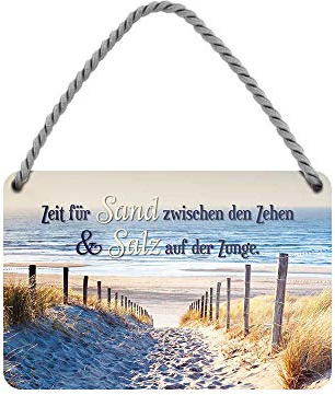 Zeit für Sand zwischen den Zehen und Salz auf der Zunge - Hängeschild mit Kordel und Saugnapf - Maritime Wanddeko für Strandkorb Badezimmer Garten Balkon Terrasse Eingang Lieblingsplatz - 18x12cm