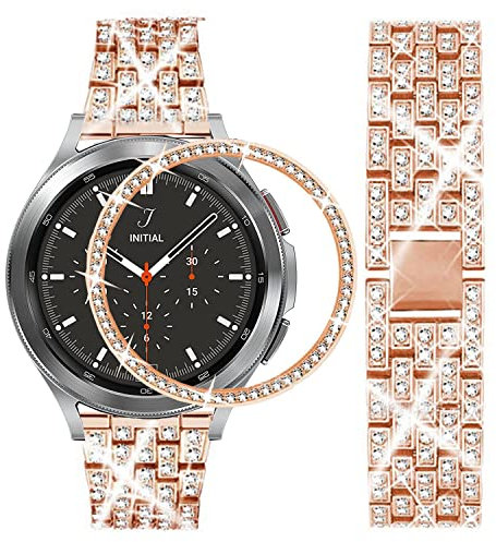 DEALELE Armband Kompatibel mit Samsung Galaxy Watch 4 Classic (46mm), 20mm Luxus Diamant Metall Armbänder mit Strass Watch Face Bezel Ring Schutzhülle Ersatz für Damen Herren, Rose gold
