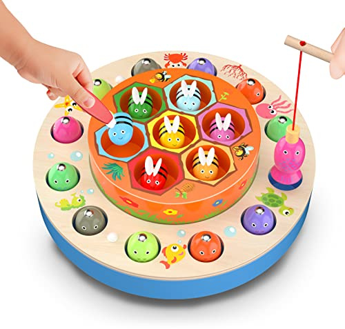 Uping Magnet AngelSpiel ab 3 Jahre, Fische Angeln 2 in 1 Montessori Kinder Magnetisches Lernspielzeug Holz Spielzeug Mädchen Jungen Lernspielzeug Geschenk, Patentschutz
