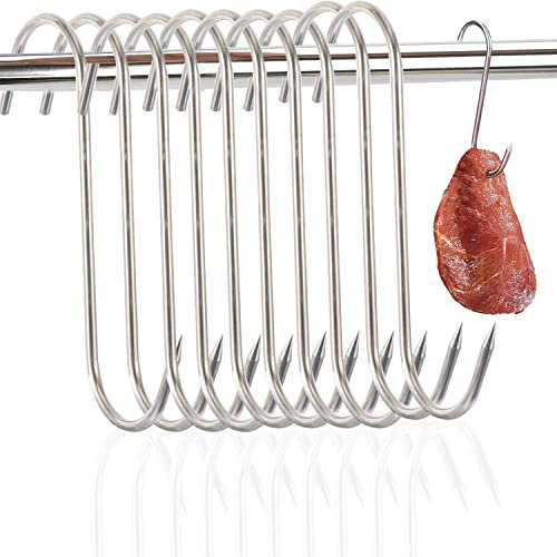 sinzau 10 Pcs S Shaped Meat Hook, Stainless Steel S Hooks, 13cm Butcher Hooks,for Hanging Meat Hooks from Meat, Trout Hooks, Kitchen Hooks, Fish Hooks