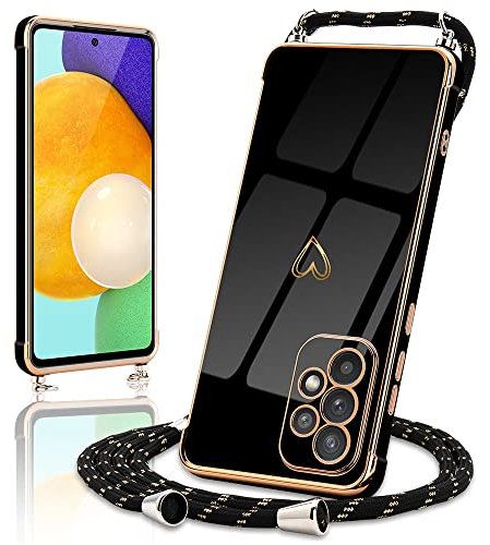Micoden Coque pour Samsung Galaxy A52 4G/5G/A52S 5G Silicone avec Collier Motif Coeur d'amour Mignon Etui Housse avec Cordon Tour de Cou Lanière en Corde pour Samsung Galaxy A52 4G/5G/A52S 5G (Noir)