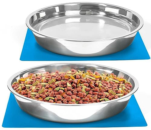 Shallow Dog Food Bowls, Non Slip Food Grade Stainless Steel Bowls for Large Dogs - 8 Cups / 2 Quart (2 Pcs)