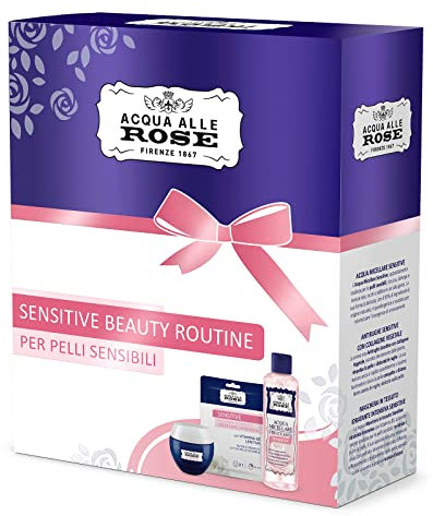 Acqua alle Rose, Kit Routine Viso Sensitive con Estratto di Rosa, Set di Bellezza Per Pelli Sensibili, Contiene Acqua Micellare da 200 ml, Crema Idratante da 50 ml e Maschera in Tessuto
