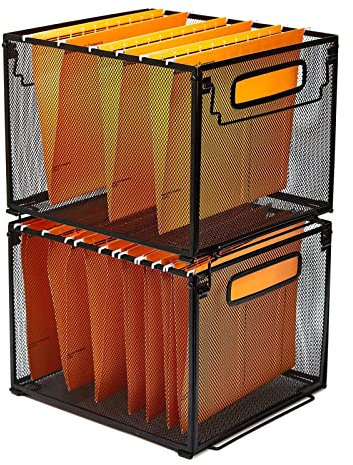 SETTFRFE Paquete de 2 organizadores de papel para suministros de oficina, caja de archivo de metal, organizador de carpetas colgantes para almacenamiento de revistas, tamaño carta, color negro