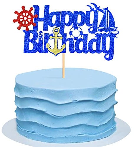 Blumomon 1Pcs Nautical Cake Topper Sailing Theme Happy Birthday Cake Topper Decorations Ship Nautical Sailing Anchor Cupcake Topper for Ocean Theme Birthday Party Baby Shower Supplies