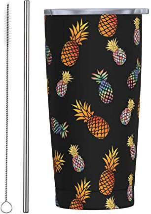 Gold- und Aquarell-Ananas-Becher mit Deckel und Strohhalm, 590 ml, Reise-Kaffeetasse, wiederverwendbar, lebensmittelecht, Vakuum-Wassergläser, Thermobecher, Edelstahl, isolierte Kaffeetassen,