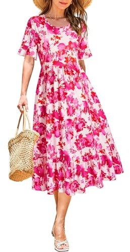 STYLEWORD Women Summer Dress Floral Short Sleeve Ladies Casual Swing Midi Dress with Pockets(Floral13,Large)