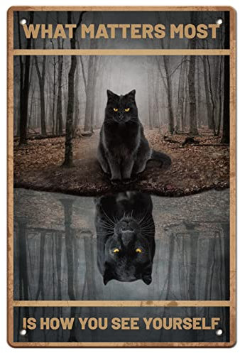 SUPERDANT lo Que Más Importa Es Cómo Te Ves A Ti Mismo Cartel de Chapa Gato Negro Carteles de Chapa de Metal Vintage Pintura de Arte de Pared Divertida Decoración de Metal