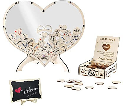 Wedding Guest Book Alternative, Wooden Heart Guest Book with 100 Wooden Hearts Drop Top Frame Guestbook, Wedding Guestbook Alternative with Stand Wooden Wedding Guest Book Letters (02)