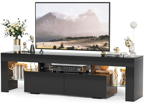 ZASTION YESHOMY Modern LED TV Stand for Televisions up to 70 Inch with Glass Shelves and Drawer, Gaming Entertainment Center with Multiple Dynamic RGB Modes, for Livingroom, Bedroom, 60 Inch, Black