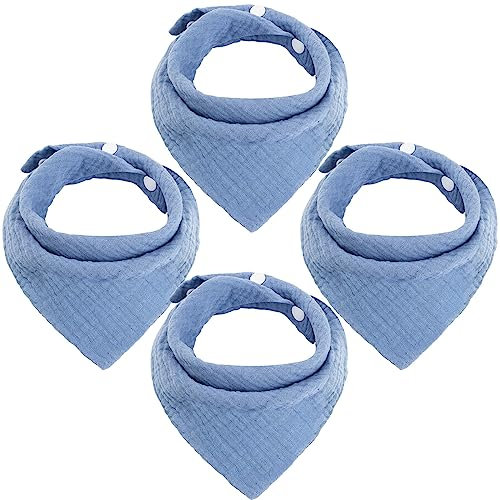 WD&CD 4 Stück Baby Dreieckstuch Lätzchen Blau, Doppellagig Weiche & Absorbierende Musselin Halstüch Sabberlätzche mit 2 Verstellbares Druckknopf