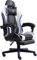 Gaming im Racing-Design mit flexiblen gepolsterten Armlehnen ergonomischer PC Gaming Stuhl in Lederoptik Schreibtischstuhl mit ausziehbarer Fußstütze und extra Stützkissen, Farbe:Schwarz/Weiß-Blau