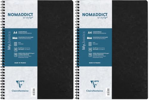 Clairefontaine - Ref 781421C - Age Bag Wirebound Notebook (100 Pages) - A4 Size, Squared Rulings, 90gsm Brushed Vellum Paper, Pocket for Loose Documents - Black Cover (Pack of 2)