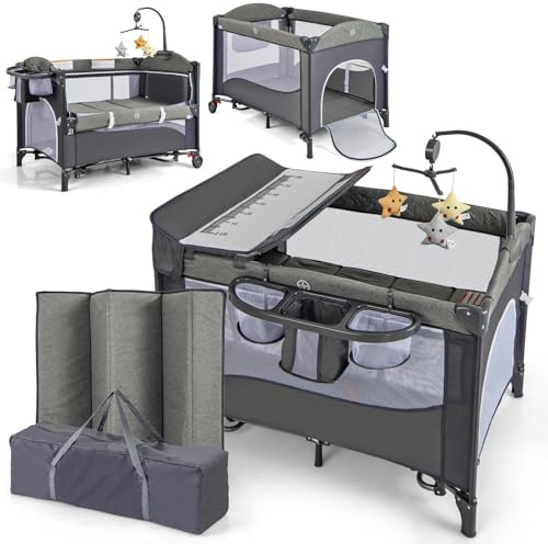 COSTWAY 5 en 1 Cuna de Viaje para Bebé con Colchón, Parque Infantil para Bebés con Cambiador de Pañales, Caja de Música y Juguetes Colgantes, Cuna Bebe con Bolsa de Almacenamiento (Azul)