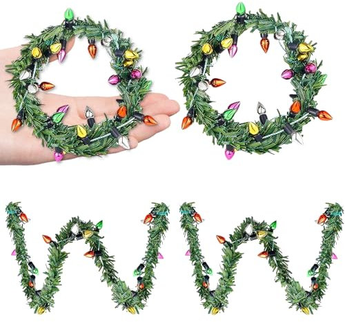 Mini Weihnachtskranz 4 Stücke Weihnachten Türkranz mit Dekorativen Lampenperlen Puppenhauszubehör Spielzeugmodell für Puppenhaus-Tür-Wand-Kamin-Dekoration