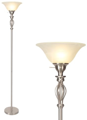 HonoDing Torchiere Stehlampen für Wohnzimmer & Schlafzimmer - Stehlampe mit Ecke Stehlampe Design - Traditionelle Eisen Scroll 70“ hoch Alabaster Glas Bowl Shade (Braun)