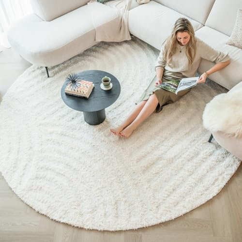 FRAAI | Home & Living Teppich Skandinavisch Rund - Lova Arches Creme - Einfarbig - Modern, Skandinavisch - Wohnzimmer, Esszimmer, Schlafzimmer - Fellteppich - Carpet