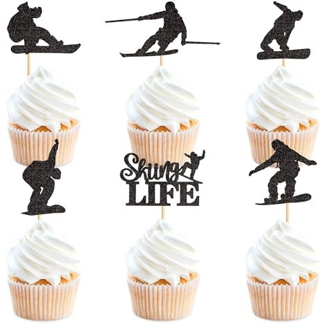 Cyodoos 24 Pcs Skier Cupcake Toppers Snowboard Cupcakes Pick for Boys and Girls Skiing Player Birthday Party Supplies Sports themed Cake Decoration