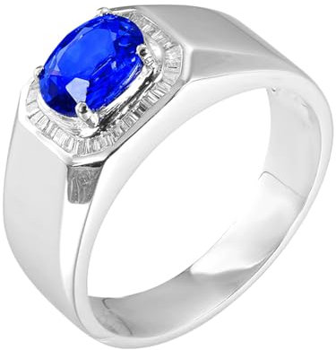 Daesar Ring Männer 750 Weißgold, Verlobungsringe Herren Siegelring mit 1.36ct Oval Kreierter Blauer Saphir Ring Größe 67, Trauringe mit Diamant Nickelfrei
