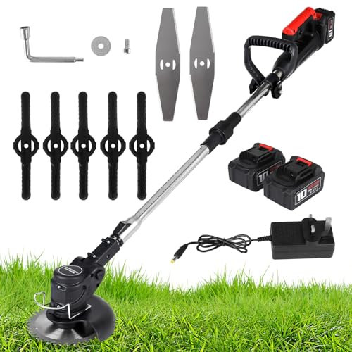 ConBlom Cordless Strimmer, 21V Grass Trimmers, Foldable Battery Strimmer, 2 * 2600mAh Batteries Garden Trimmer, Electric Strimmers with 8 Blades, Light Weight/Quick Charging/ 3 Types Blades