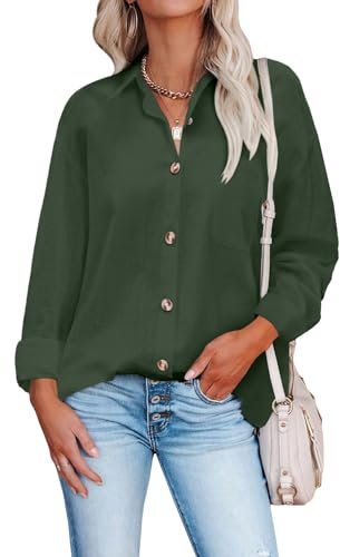 Hotouch Bluse Braun Damen Hemd Langarmshirt mit Knöpfen für Frühling Arbeit Orberteil Grün XL