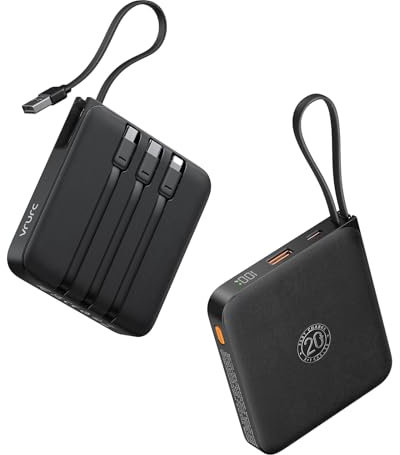 VRURC Power Bank 20000mAh, Power bank con Cavi Integrati, 22.5W Batteria USB C a Carica Rapida, Display LED per iPhone 15 14 iPad Samsung Galaxy S23 Google Android Phone - Nero
