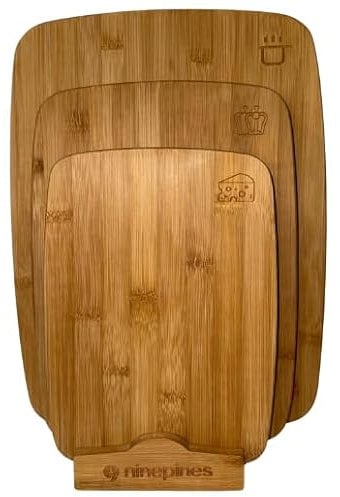 Chop It! Bamboo Chopping Boards Set, 3 Boards with Engraved Icons, Stand Storage, Sizes 40 x 30, 33 x 24, 27x19.5 cm - All 1.5cm Thick