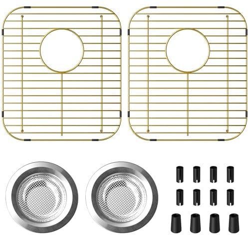GEDLIRE Stainless Steel Sink Grate Protector Set of 2, 13.2” L x 11.6” W Double Bowl Metal Sink Grid with Centered Drain, Kitchen Sink Rack Grids for Botton of Sink with 2 Pack Sink Strainers