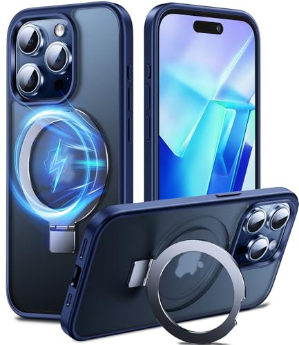 Chicfun 3-en-1 Coque pour 15 Pro avec Aimantée Support Anneau Bague, Compatible avec MagSafe, NO.1 Magnétique Protection Antichoc Militaire, Silicone iPhone 15 Pro Case Béquille Pied Bleu