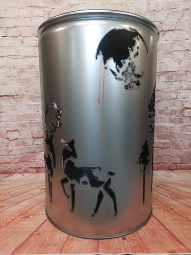 Fuchsbau Feuertonnen Feuertonne mit - Hirsche im Wald - Motiv - Gefertigt aus neuem Ölfass - Besondere Feuerstelle für Garten und Terrasse - Hohe Feuerschale mit Rostoptik - 90 x 60 cm